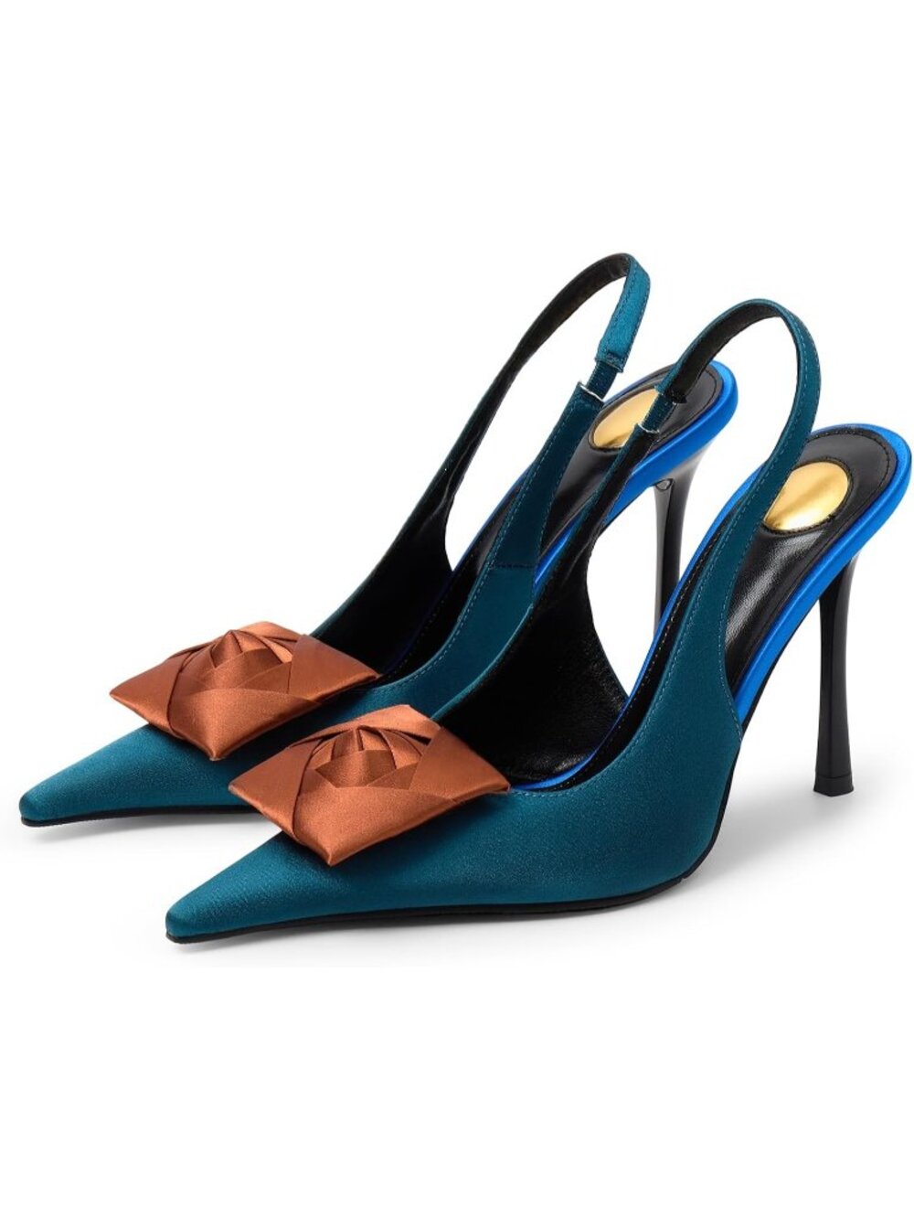 Women's Blue Closed Pointed Toe Satin Slingback Stiletto Heel Pumps Ankle Strap